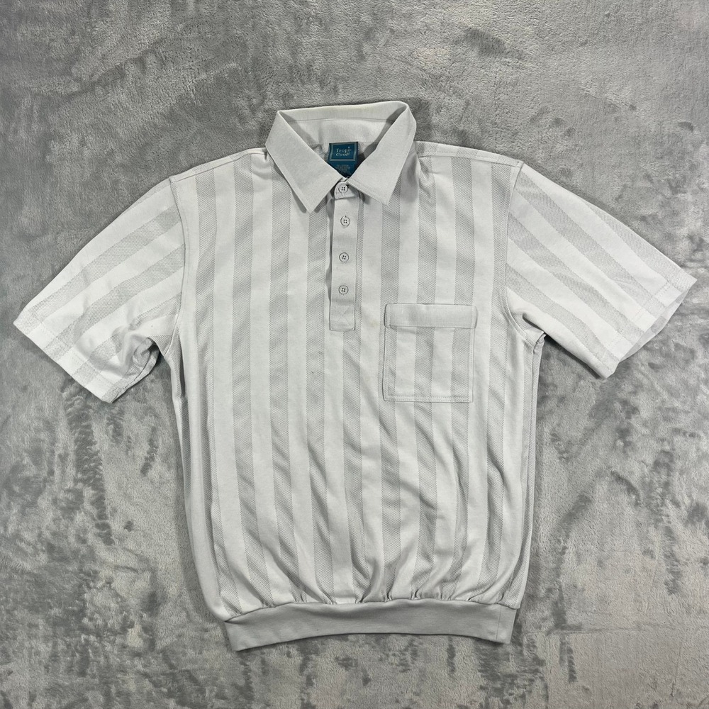 Tropi-Cool Polo Shirt Mens Medium Grey Good Striped‎ Banded Waist Retro Style